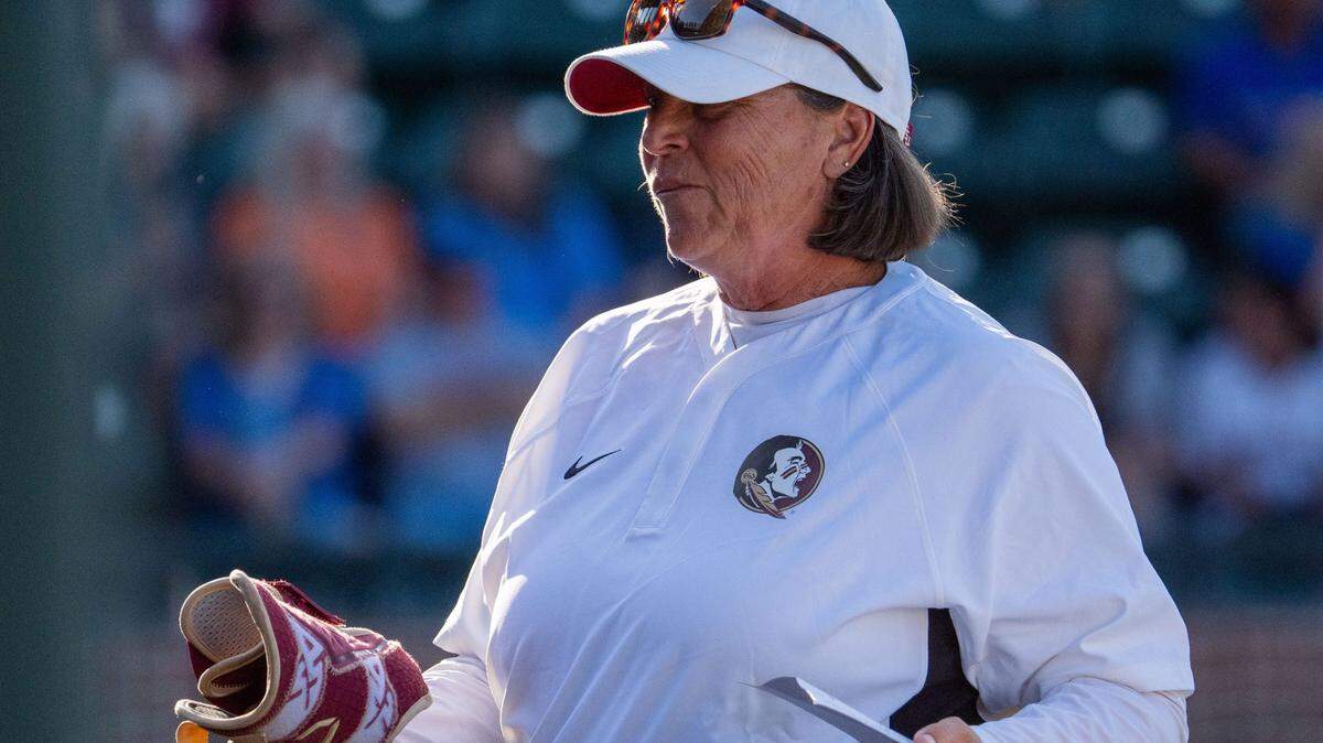 Florida State head coach Lonni Alameda coaches the Seminoles during a game against the Florida Gators on Wednesday, April 2, 2025.