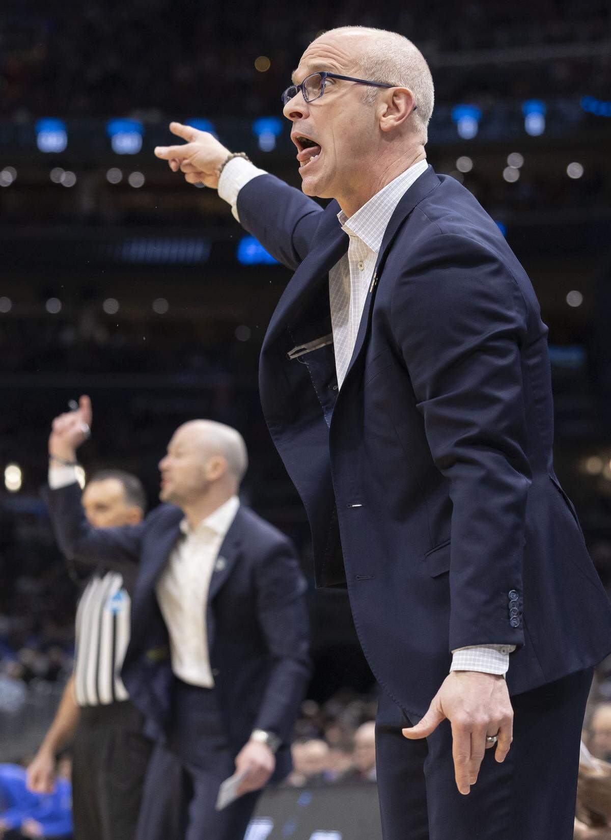 Connecticut coach Danny Hurley directs his team on defense in the first half against Duke on Sunday, March 29, 2026, in the NCAA East Regional Championship, at Capital One Arena in Washington, D.C.