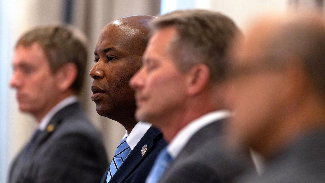 UNC Police Chief Brian James listens to a question about Monday’s campus shooting during a press conference held at the Carolina Inn on Tuesday, Aug. 29, 2023, in Chapel Hill, N.C.