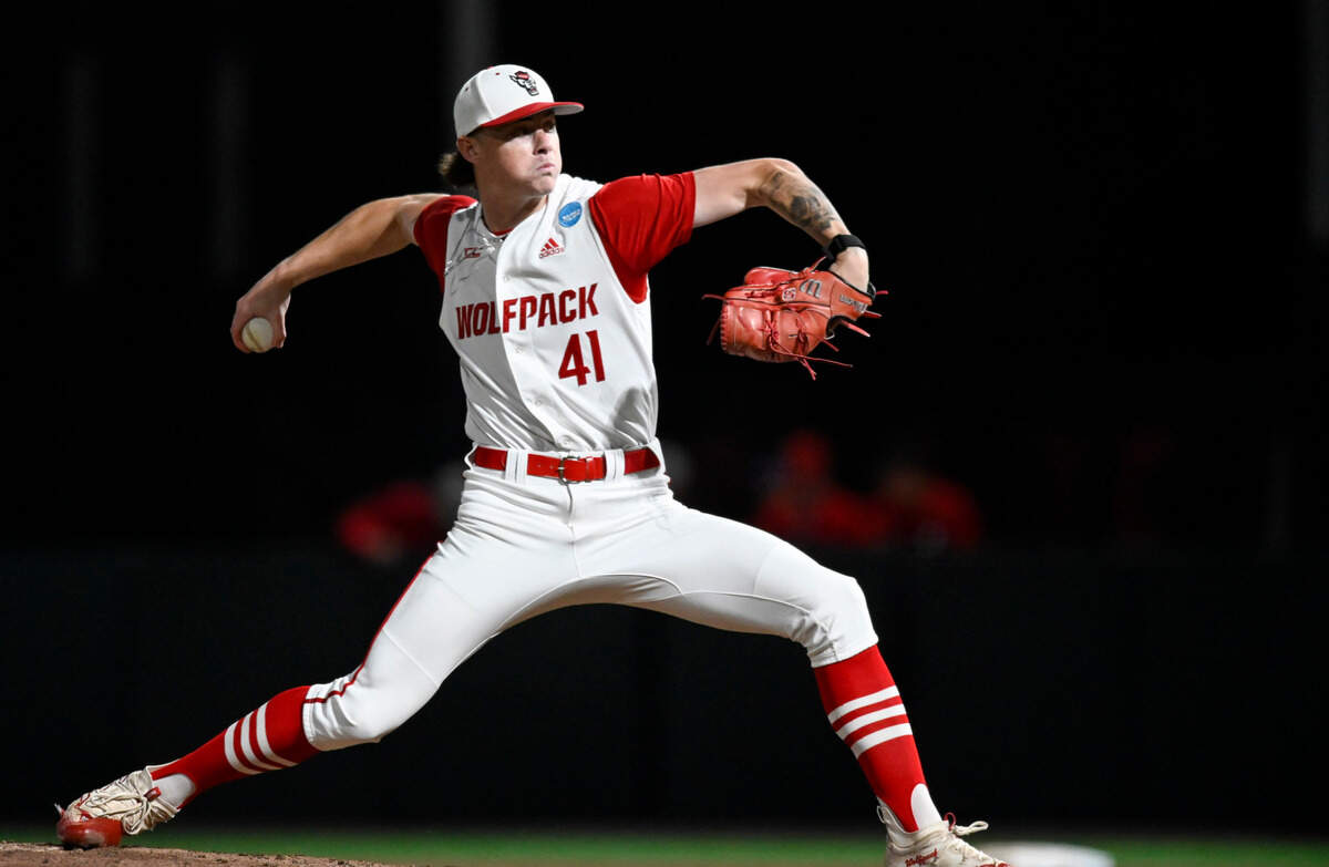 N.C. State’s Jacob Dudan (41) pitches during N.C. State’s 9-2 victory against Bryant in the NCAA Raleigh Regional at Doak Field on Friday, May 31, 2024.