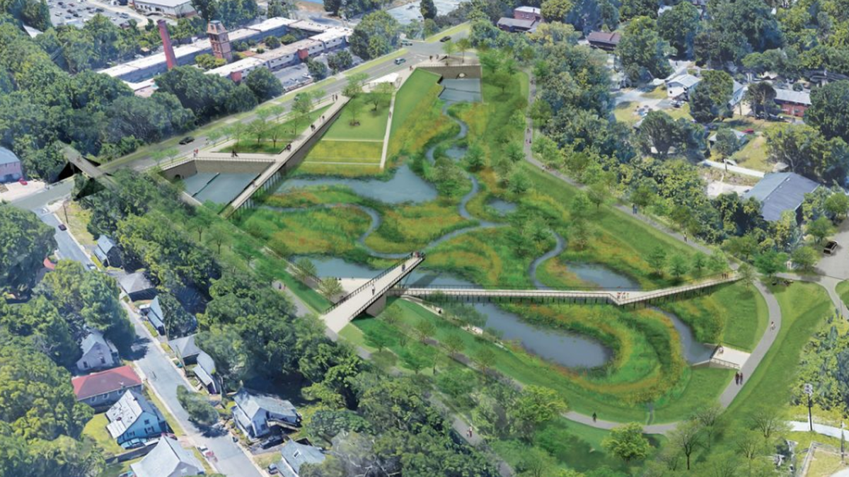 The South Ellerbe Restoration Project will transform 9 acres of land on West Trinity Avenue into a wetland and stream restoration that will filter polluted stormwater.