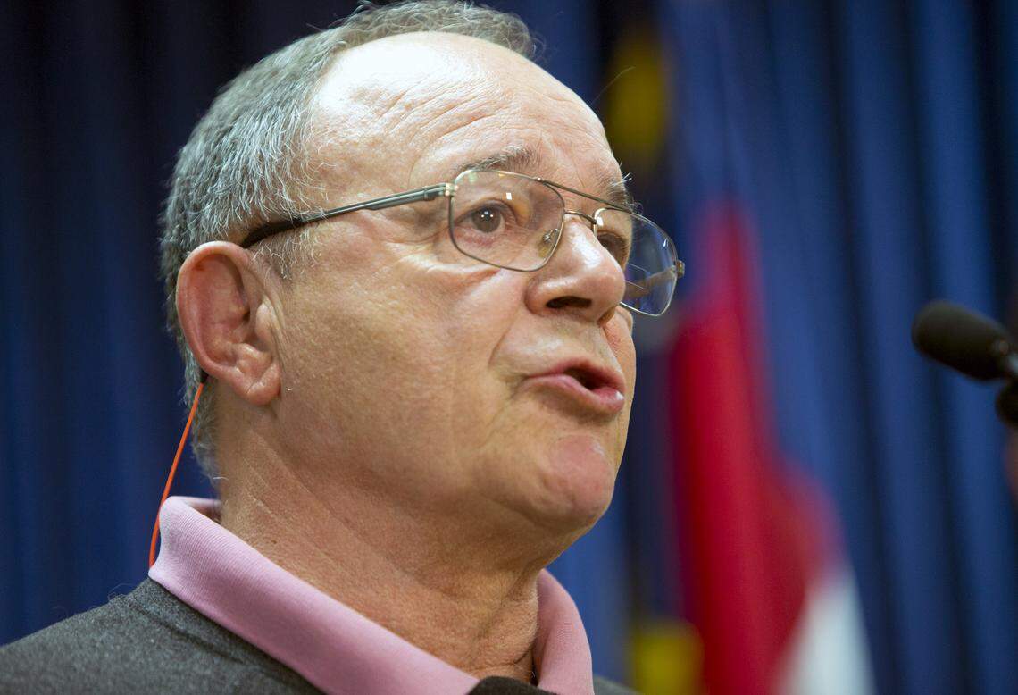 Jean Fitzsimmons, a retired teacher and Marine Corps captain, says he supports a bill that would allow teachers with concealed carry permits and extra training to carry guns at school.  He spoke at a press conference held at the Legislative Building in Raleigh on June 5, 2018.