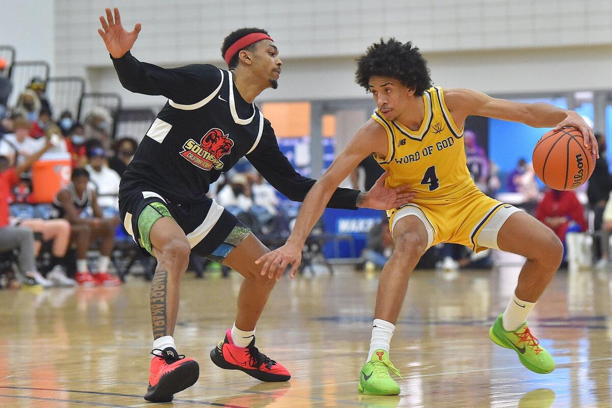 Southern California’s Dior Johnson (5) defends Word of God’s Freddie Dilione (4) during the second half.The Word of God Holy Rams and the Southern California Academy Rams met in the John Wall Holiday Classic in Raleigh, N.C. on December 30, 2021