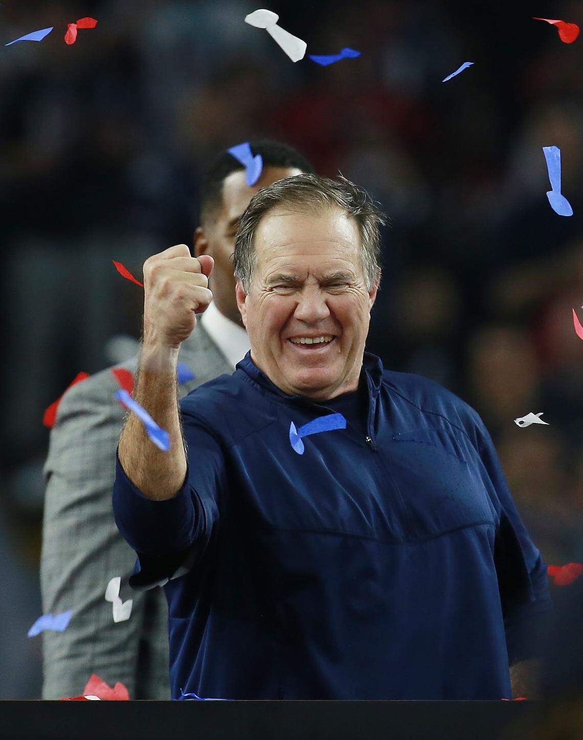 2017: Bill Belichick celebrates after Super Bowl LI where the New England Patriots vs The Atlanta Falcon at NRG Stadium, Houston.