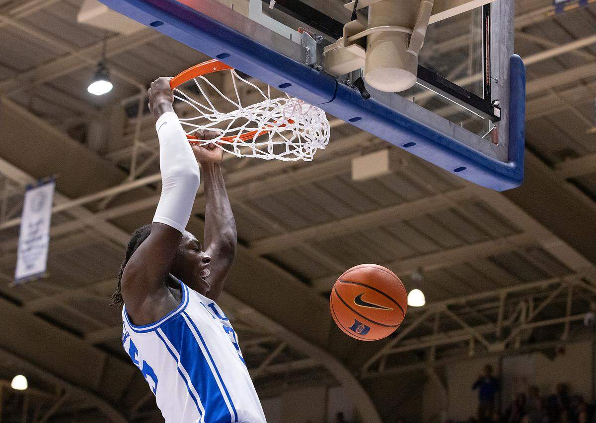 Duke’s Mark Mitchell dunks during the first half of the Blue Devils’ exhibition game against UNC Pembroke on Wednesday, Nov. 1, 2023, at Cameron Indoor Stadium in Durham, N.C.