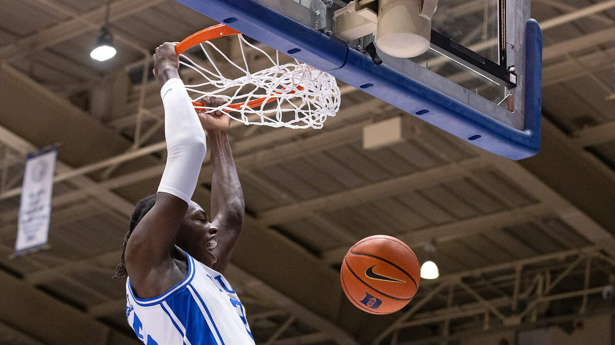 Duke’s Mark Mitchell dunks during the first half of the Blue Devils’ exhibition game against UNC Pembroke on Wednesday, Nov. 1, 2023, at Cameron Indoor Stadium in Durham, N.C.