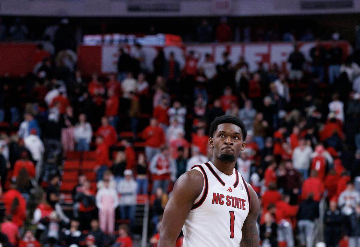 N.C. State’s Brandon Huntley-Hatfield watches in the closing seconds of the Wolfpack’s 63-59 loss to Texas on Wednesday, Dec. 4, 2024, at Lenovo Center in Raleigh, N.C.
