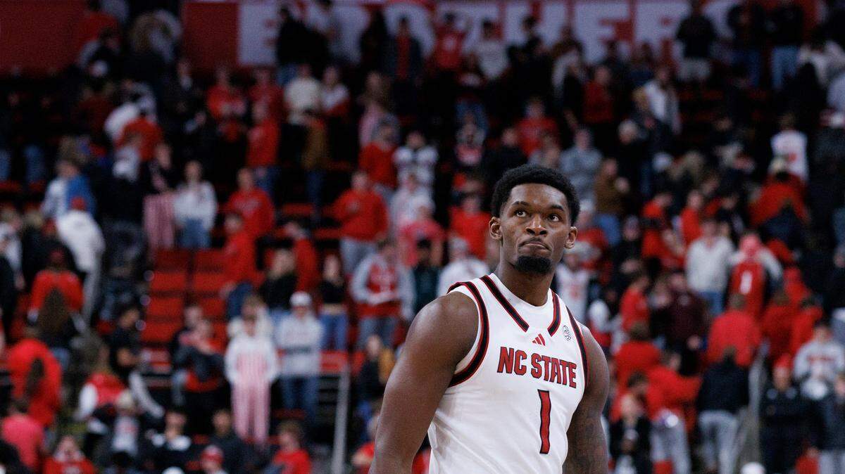 N.C. State’s Brandon Huntley-Hatfield watches in the closing seconds of the Wolfpack’s 63-59 loss to Texas on Wednesday, Dec. 4, 2024, at Lenovo Center in Raleigh, N.C.