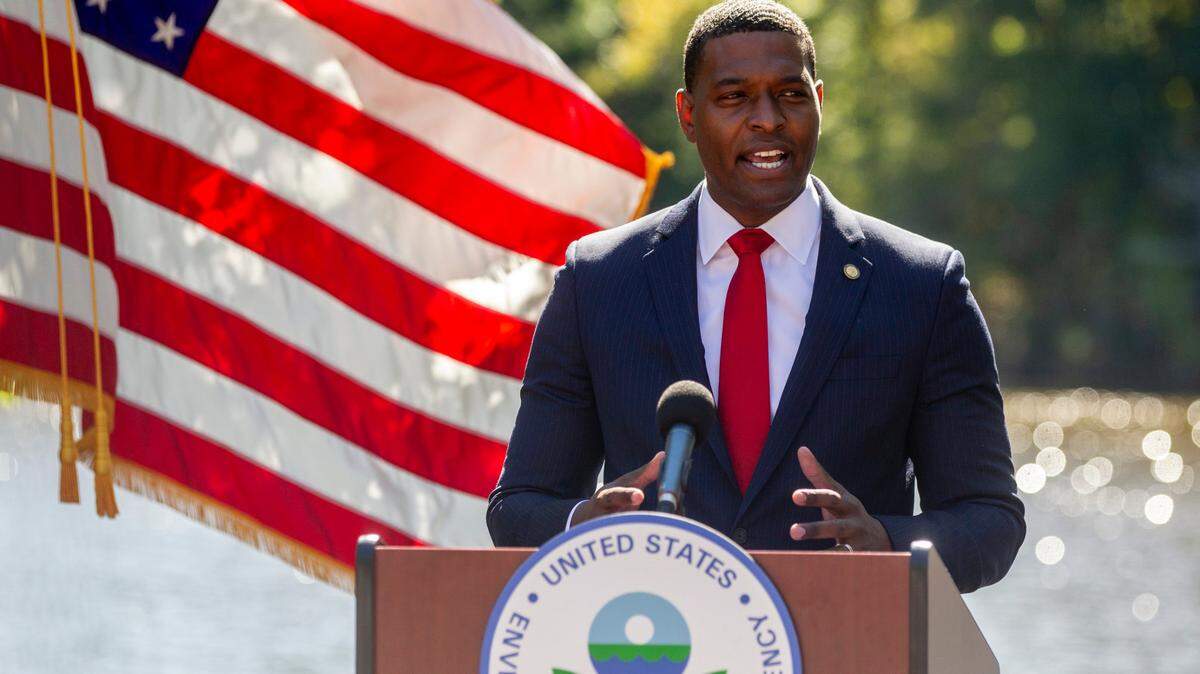 Environmental Protection Agency Administrator Michael Regan announces the Biden administration’s plan to address pollution from “forever chemicals,” or PFAS during an event at N.C. State University, Monday, Oct. 18, 2021. The EPA’s PFAS plan sets out to clean up existing contamination, keep additional chemicals from being released, and lead to additional research.