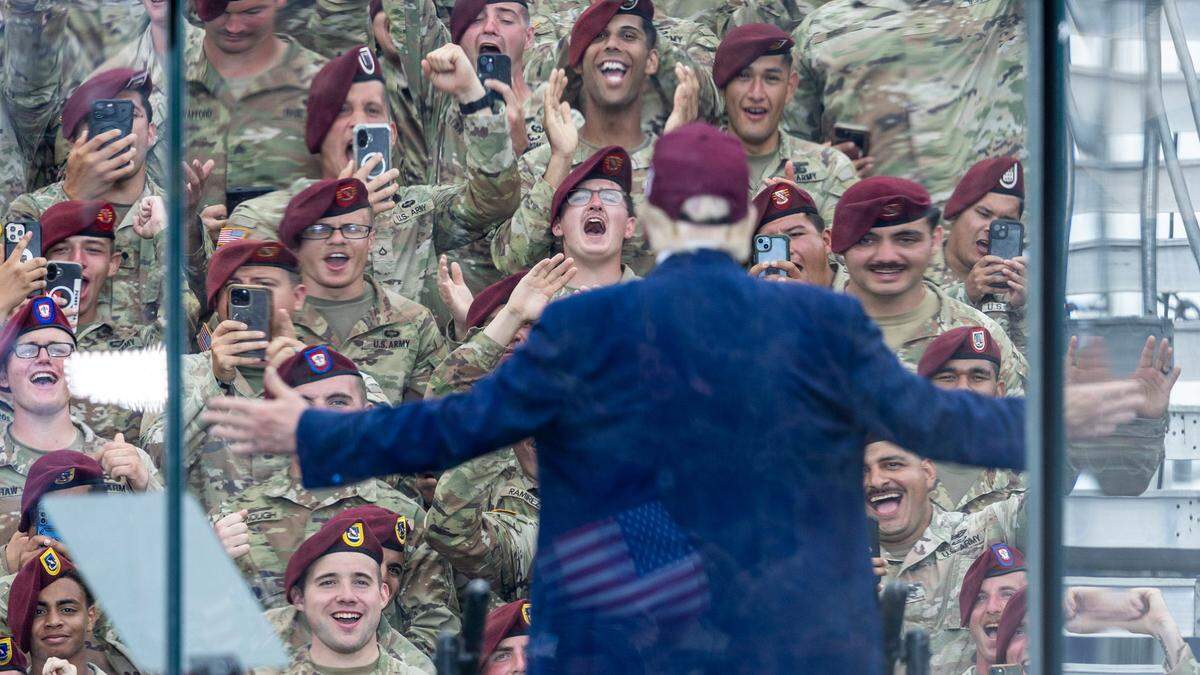 Soldiers cheer as President Donald Trump leaves the stage Tuesday, June 10, 2025, at Fort Bragg, after speaking before a crowd of soldiers and civilian supporters to mark the U.S. Army’s 250th anniversary. Defense Secretary Pete Hegseth and Army Secretary Dan Driscoll, a North Carolina native and University of North Carolina at Chapel Hill alumnus, also attended.