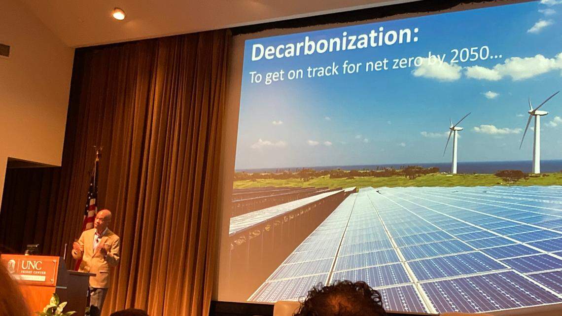 Glenn Wright, Shell’s vice president of renewables and energy solutions, Americas, speaks at the UNC Clean Tech Summit on Tuesday, March 29. Wright talked about how Shell, one of the world’s oil and gas giants, plans to reach net zero emissions by 2050.