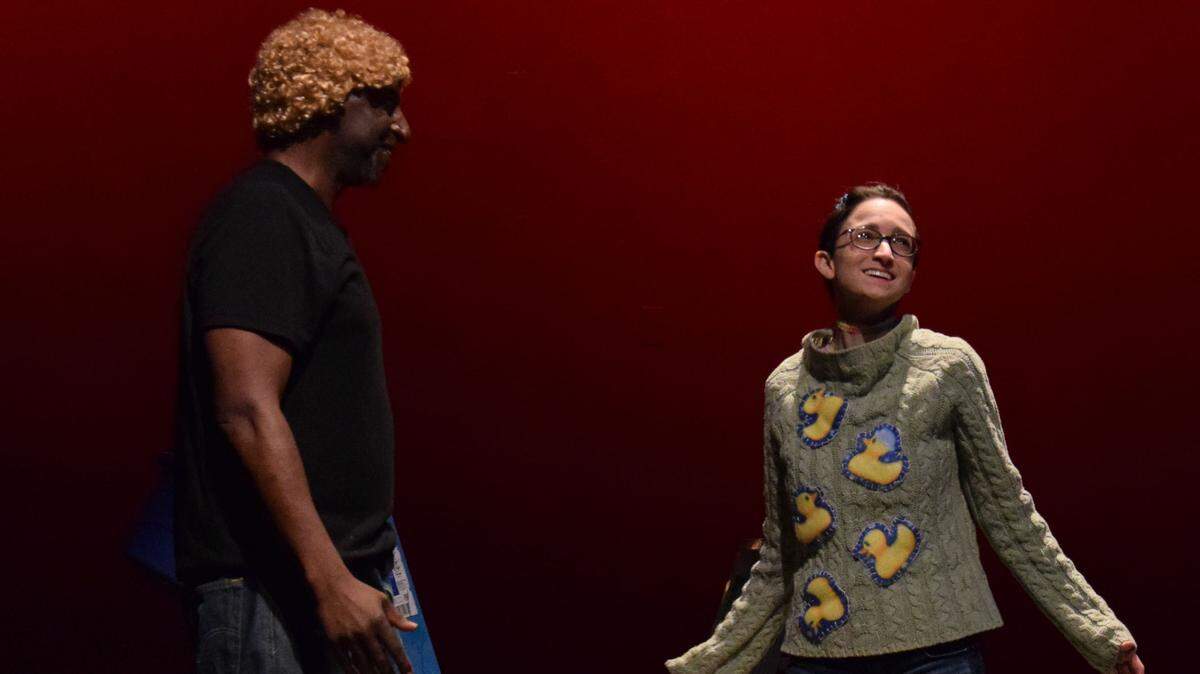 Gerald Louis Campbell as Justin Timberlake and Kimmy Fiorentino as  11-year-old Janice, who is still mourning the death of her father. They star in “Crumble (Lay Me Down, Justin Timberlake),” presented by the Women’s Theatre Festival.
