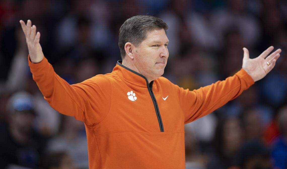 Clemson coach Brad Brownell questions a call by the officials in the first half against Duke on Friday, March 13, 2026, during the semifinals of the ACC Tournament at Spectrum Center in Charlotte, N.C.