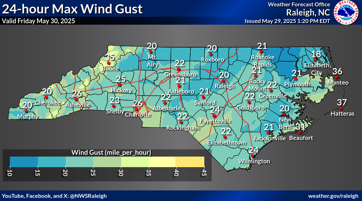 Wind gusts over 20 mph are likely Friday, May 30, 2025, in much of central and Eastern North Carolina, the National Weather Service says. Where severe storms form, winds could be even stronger and isolated tornadoes are possible.