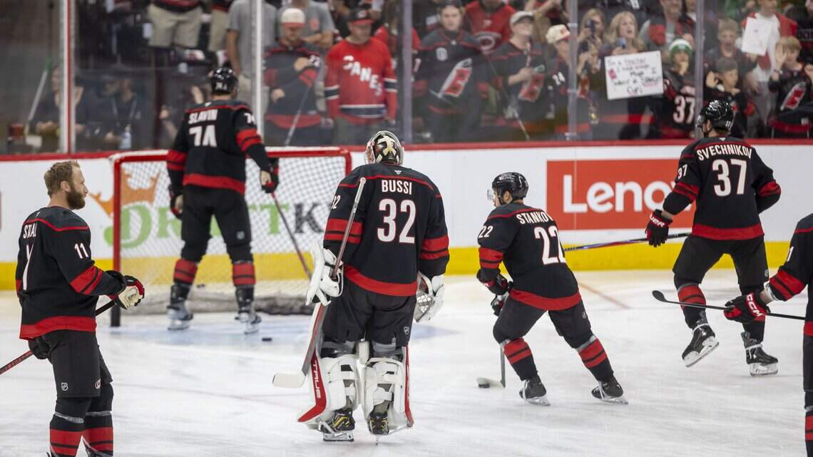 Hurricanes-Golden Knights updates: Brandon Bussi leads Carolina out for warmups