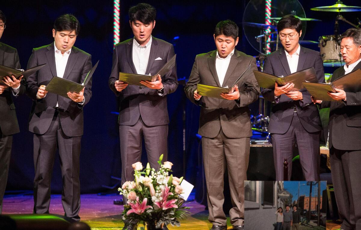 A men’s choir sings “Amazing Grace” in both English and Korean at the funeral service for Kong Yung Lee at New Horizon Church in Durham, NC on Wednesday, May 8, 2019.