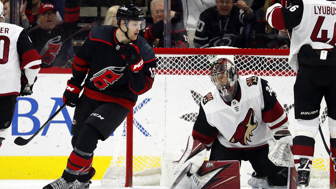 Mrazek’s saves, Necas’ speed spur Canes to 3-0 shutout of Coyotes