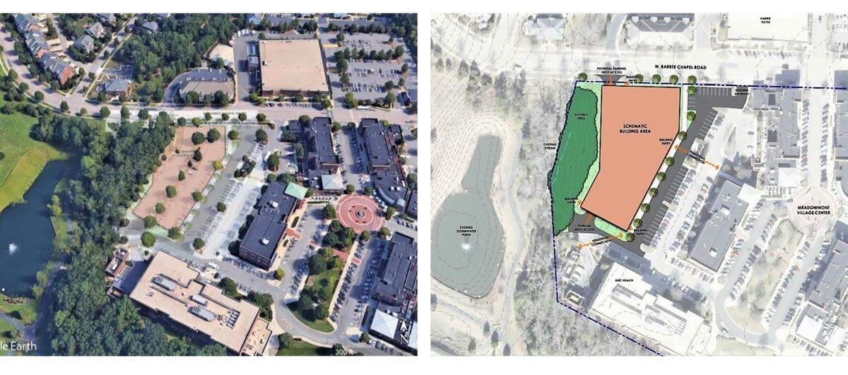 A development company is planning a new office building with room for a restaurant and potentially more retail at Meadowmont Village Center. The site is now a large parking lot between West Barbee Chapel Road and existing shops and restaurants (show in pink).