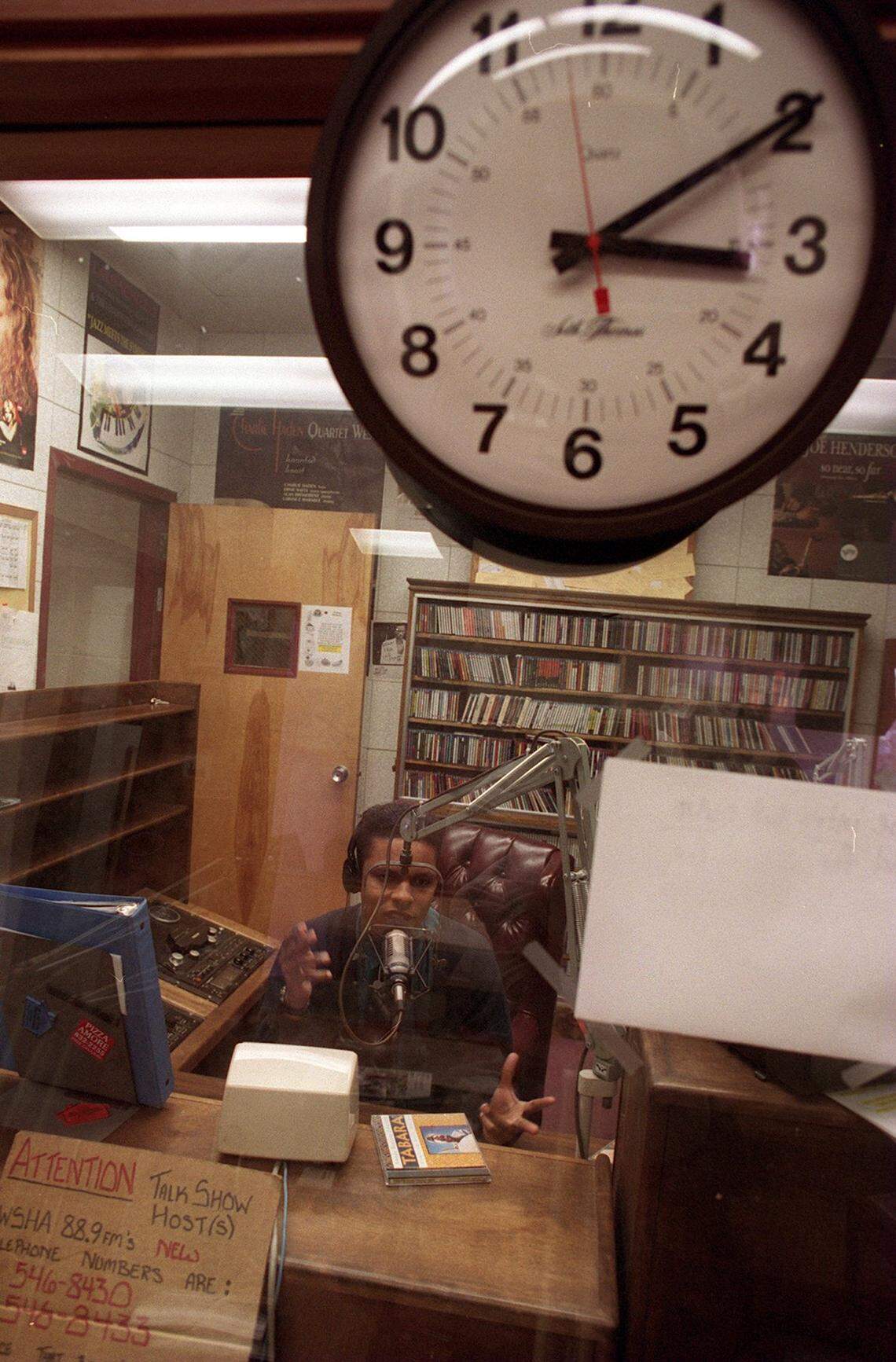 Bob Robinson at the controls of Shaw's WSHA radio station, playing jazz for listeners on a Saturday afternoon in 1995.