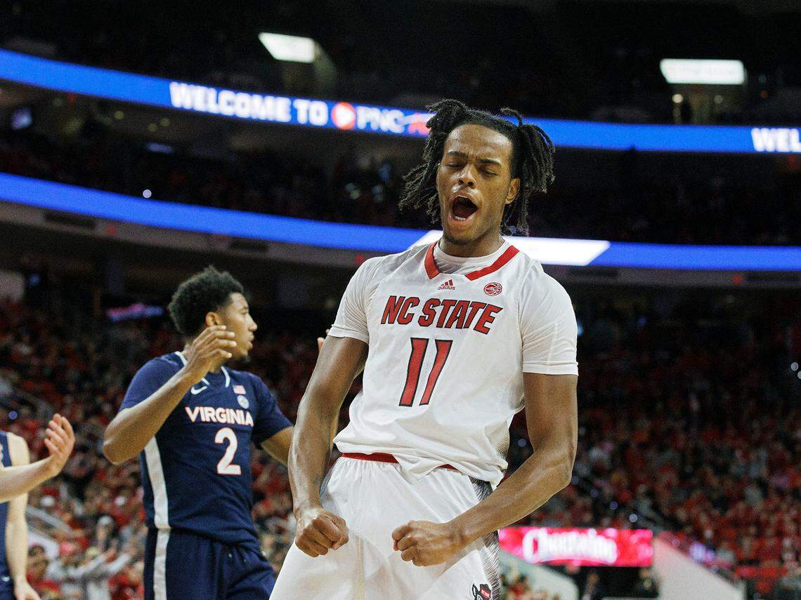 N.C. State’s Dennis Parker Jr. reacts after an and-one during the second half of the Wolfpack’s 76-60 win over Virginia on Saturday, Jan. 6, 2024, at PNC Arena in Raleigh, N.C.