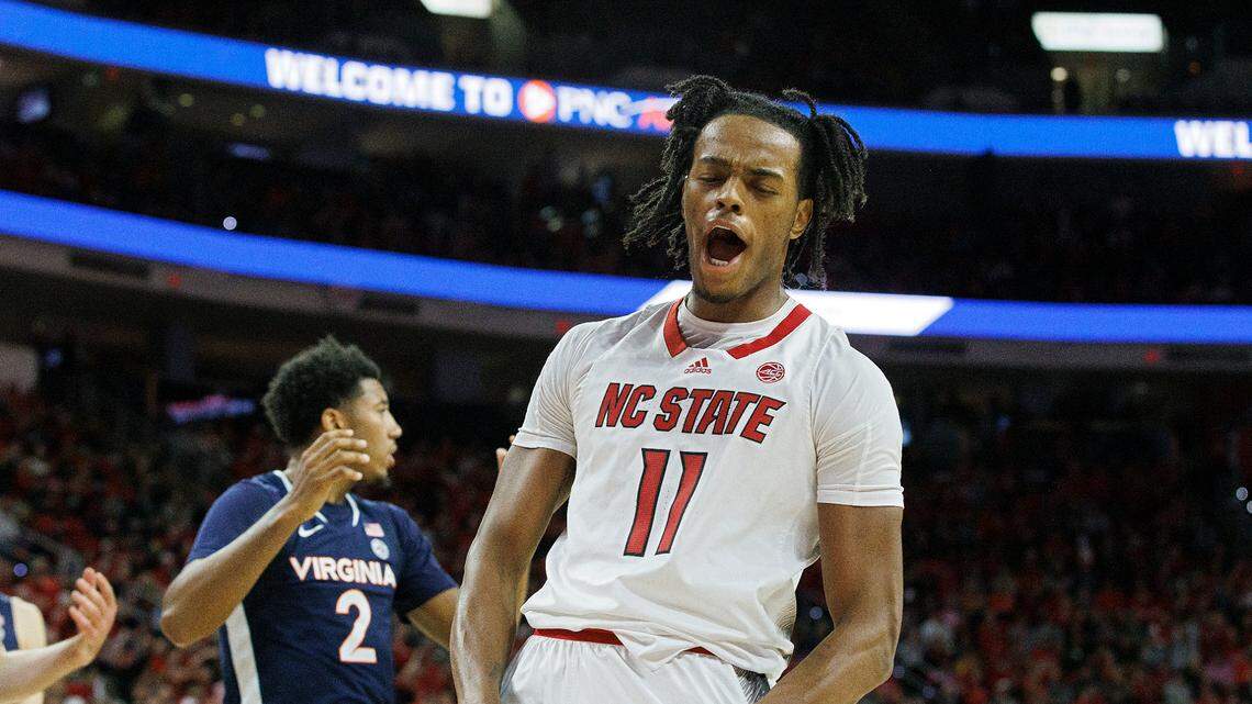 N.C. State’s Dennis Parker Jr. reacts after an and-one during the second half of the Wolfpack’s 76-60 win over Virginia on Saturday, Jan. 6, 2024, at PNC Arena in Raleigh, N.C.