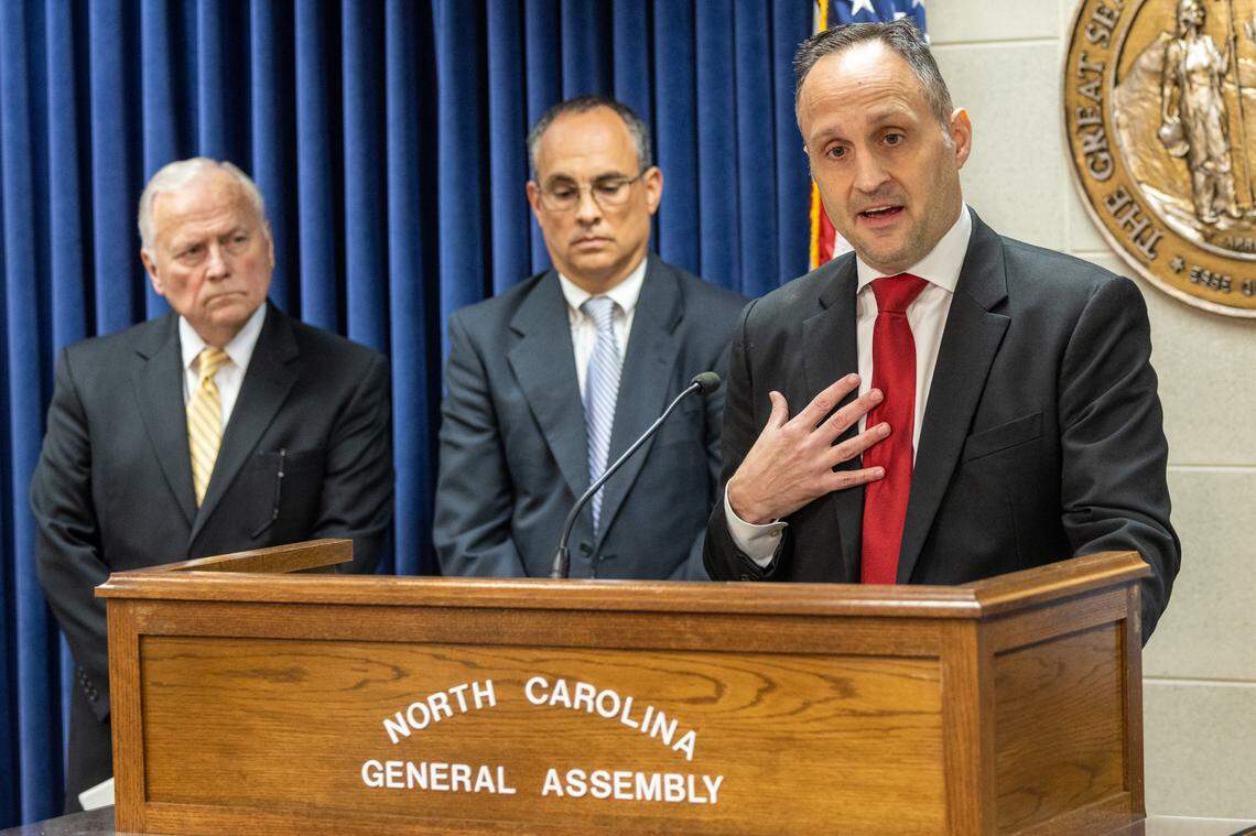 North Carolina Labor Commissioner Josh Dobson, a Republican and former state House member, talks about the state employees vacancy rate and his support for 10% raises for state employees during a news conference May 24, 2023 at the Legislative Building in Raleigh.