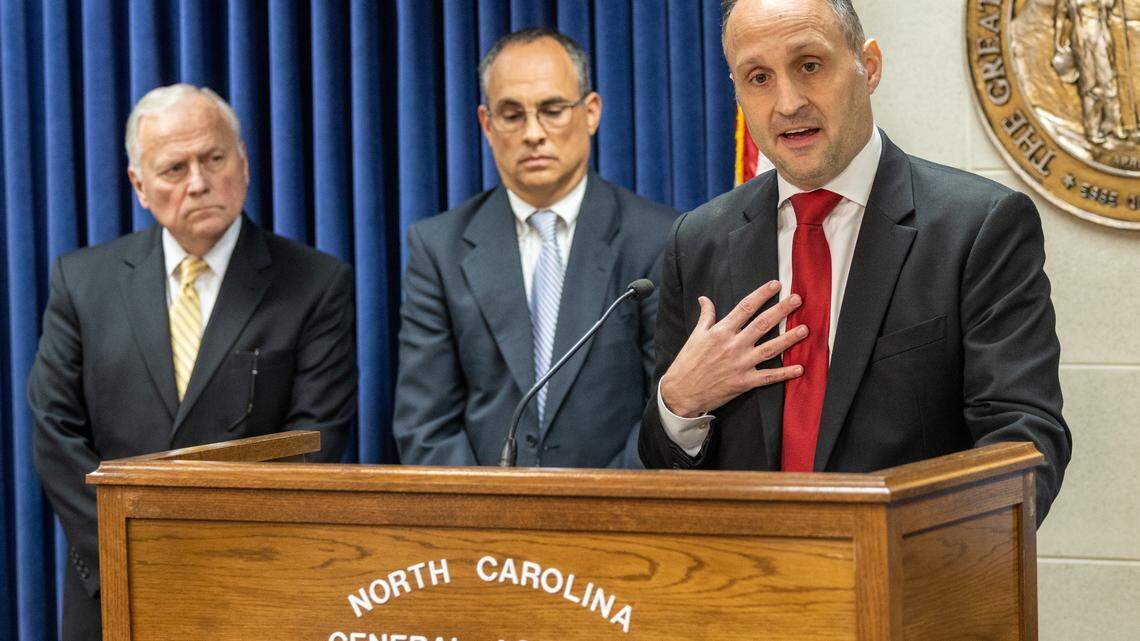 North Carolina Labor Commissioner Josh Dobson, a Republican and former state House member, talks about the state employees vacancy rate and his support for 10% raises for state employees during a news conference May 24, 2023 at the Legislative Building in Raleigh.