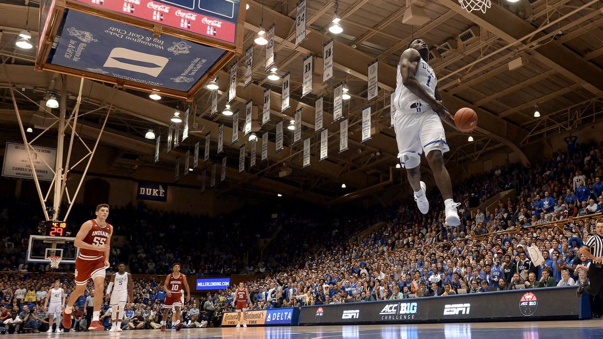 Duke forward Zion Williamson (1) is all alone as he goes in for a first half dunk over Indiana at Cameron Indoor Stadium In Durham, N.C. Tuesday, November 27, 2018.
