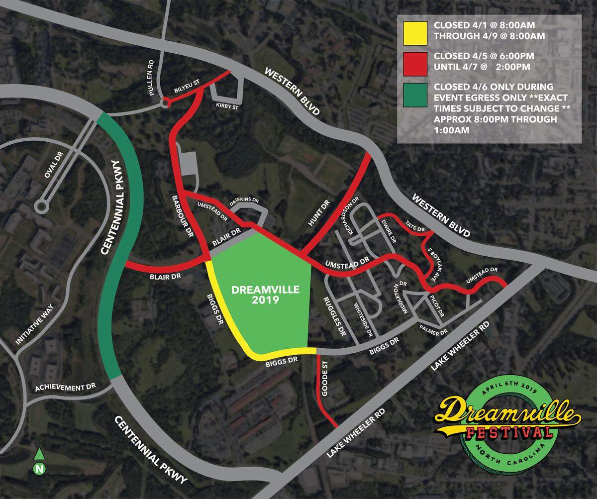 The Dreamville Festival is at Dorothea Dix Park on Saturday, April 6. Construction will be taking place on the Big Field and Williams Field only, but there will be large equipment through the park. This map has road closures starting April 1.