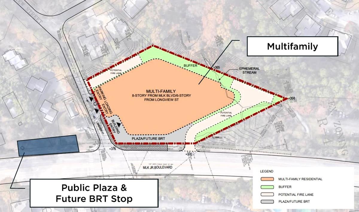 A “bubble” plan for the proposed apartments at 701 Martin Luther King Jr. Blvd. in Chapel Hill shows a rough idea of how the project could fit into the steeply sloped site.
