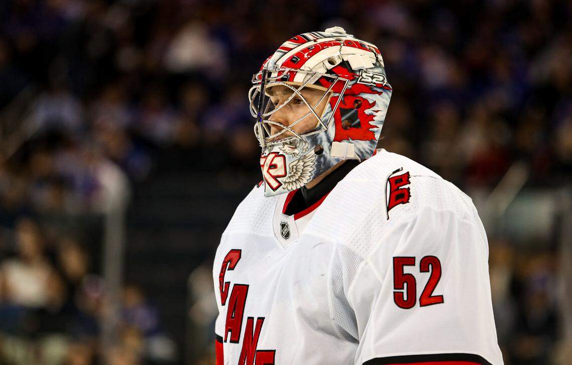Jan 2, 2024; New York, New York, USA; Carolina Hurricanes goalie Pyotr Kochetkov (52) during the first period against the New York Rangers at Madison Square Garden. Mandatory Credit: Danny Wild-USA TODAY Sports