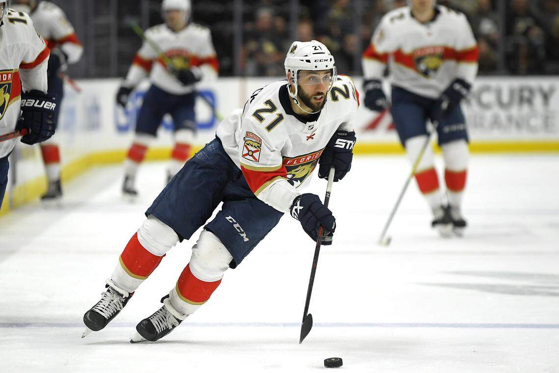 Florida Panthers center Vincent Trocheck moves the puck during the third period of an NHL hockey game against the Anaheim Ducks Wednesday, Feb. 19, 2020, in Anaheim, Calif. The Panthers won 4-1. (AP Photo/Mark J. Terrill)