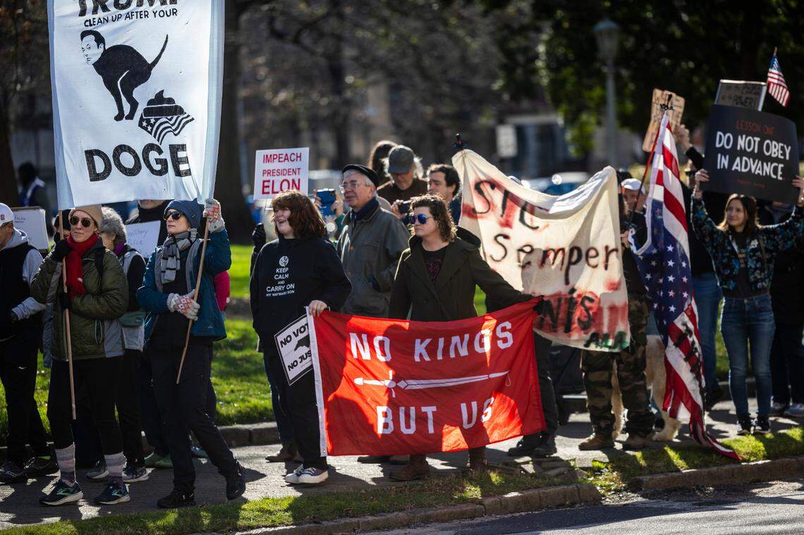 Hundreds of demonstrators march around the perimeter at the North Carolina State Capitol on Monday, Feb. 17, 2025 during a rally billed as a “We The People Protest” organized by Fifty Fifty One.