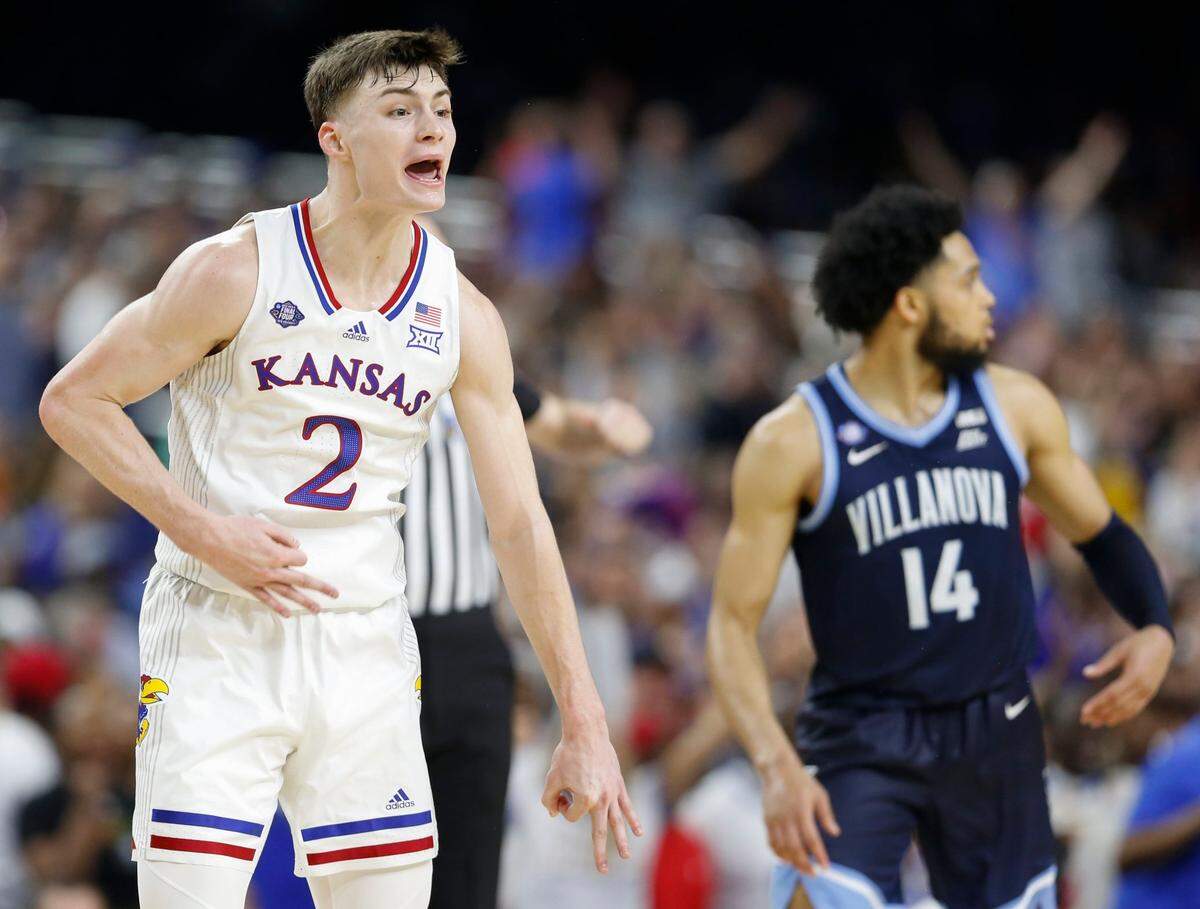 Kansas Christian Braun reacts after hitting a three pointer during the second half of their Final Four game against Villanova on Saturday at the Superdome in New Orleans.