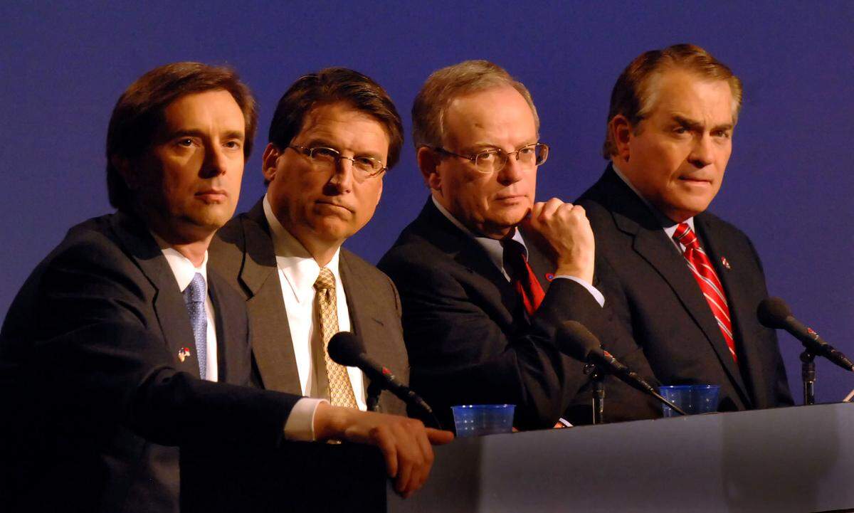 In this April 3, 2008 file photo, Republican gubernatorial candidates, from left, Bill Graham, Pat McCrory, Bob Orr, and Fred Smith meet for a debate at the WTVI television studios in Charlotte.