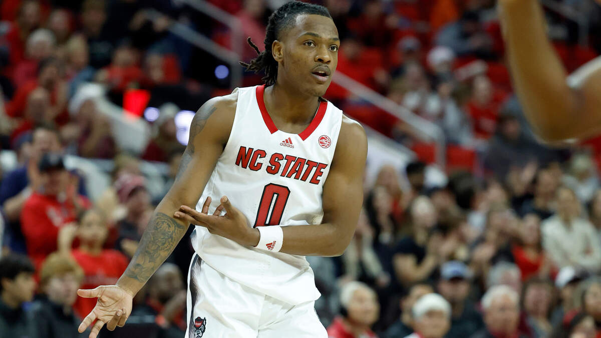 N.C. State’s DJ Horne (0) celebrates after hitting a three-pointer during the second half of N.C. State’s 81-67 victory over UT Martin at PNC Arena in Raleigh, N.C., Tuesday, Dec. 12, 2023.