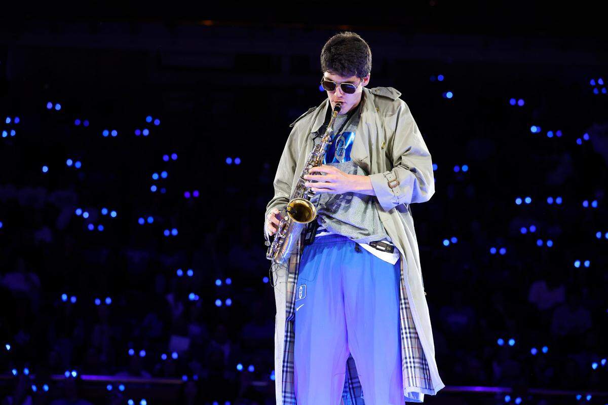 Duke’s Stanley Borden plays the saxophone after being introduced during Duke’s Countdown to Craziness at Cameron Indoor Stadium in Durham, N.C., Friday, Oct. 21, 2022.