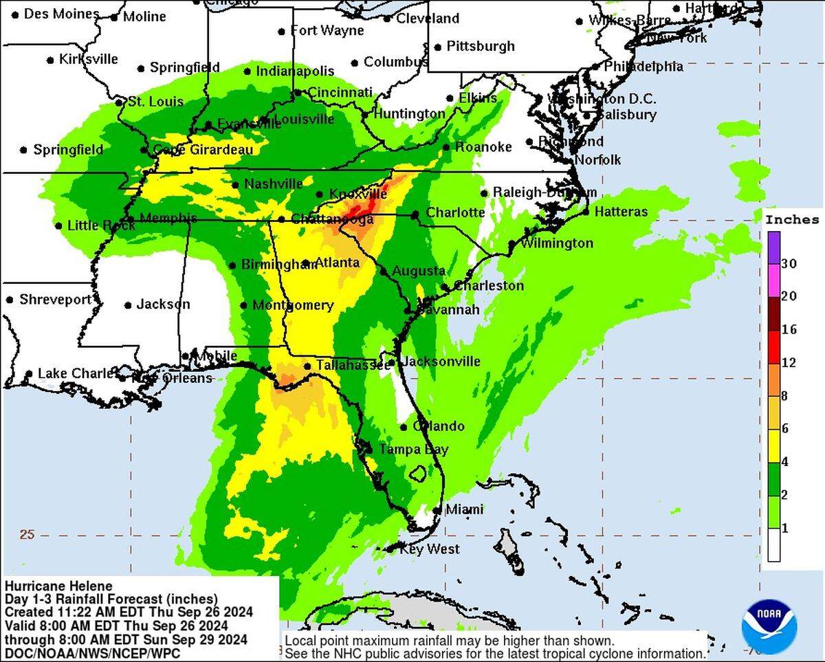 This graphic, created around mid-day Thursday, Sept. 26, shows predicted rainfall totals as a result of Hurricane Helene. The Triangle is expected to receive 1-2 inches of rain.