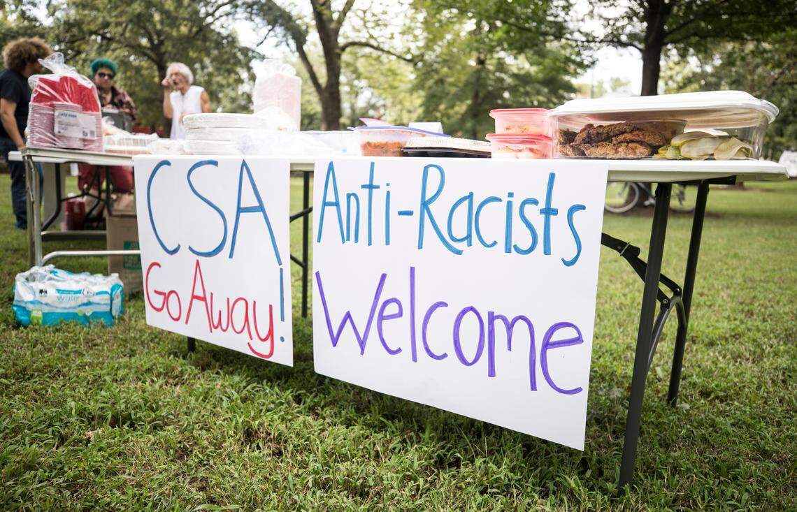 Anti-racist protesters organized a potluck and canned food drive when it was rumored that a group from Tennessee, called CSA II, would be visiting Silent Sam on Saturday, September 8, 2018.