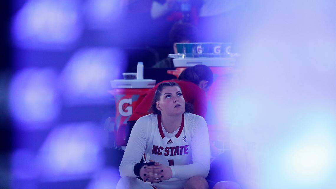 N.C. State’s River Baldwin listens as starting lineups are announced prior to the Wolfpack’s ACC Tournament quarterfinal game against Duke on Friday, March 8, 2024, at Greensboro Coliseum in Greensboro, N.C.