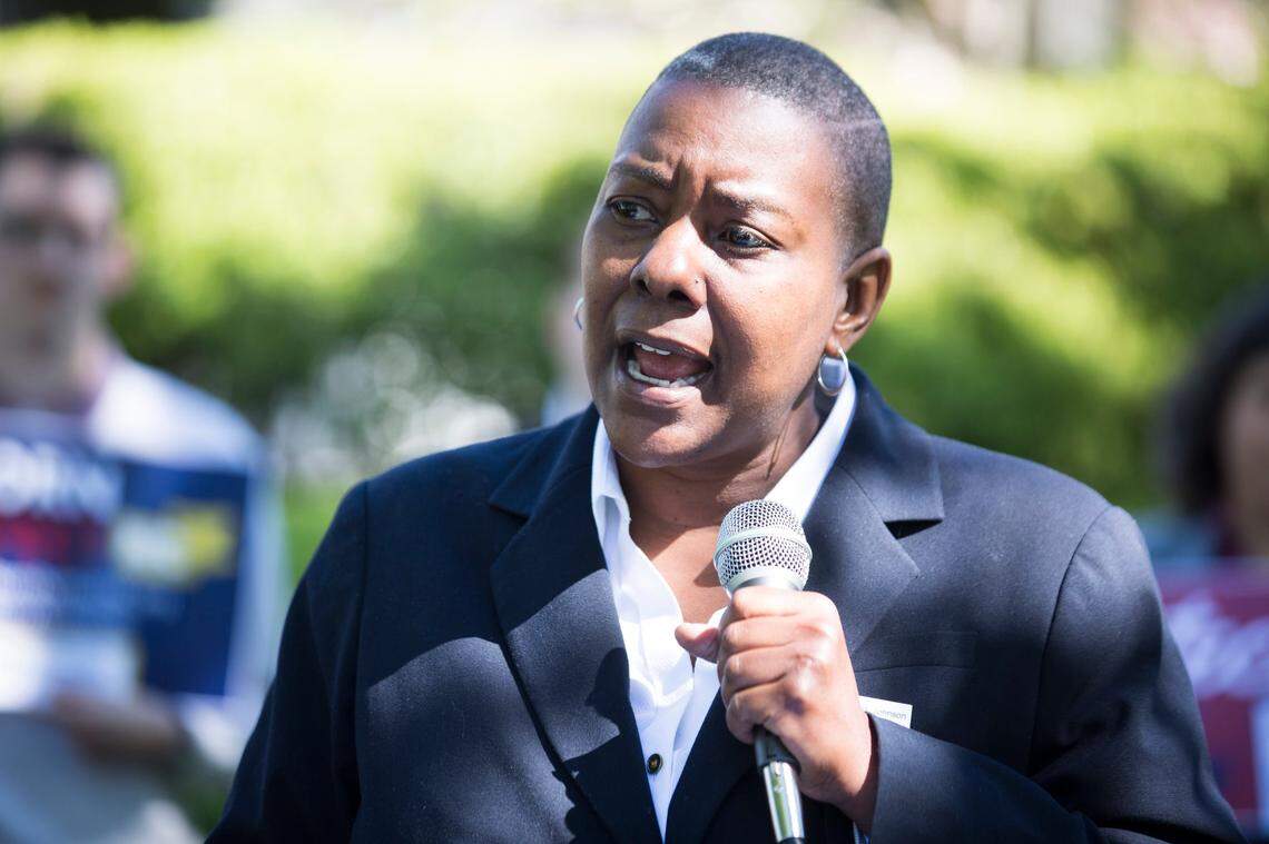 Kendra R. Johnson, the executive director of Equality NC, speaks outside the N.C. General Assembly on Tuesday, April 16, 2019 about the importance of proposed legislation that would expand protections for LGBTQ+ citizens in North Carolina.