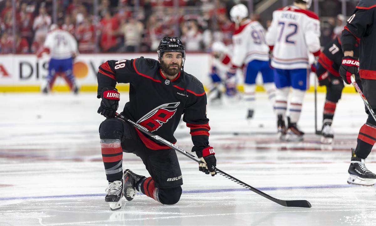 Carolina Hurricanes left wing Jordan Martinook (48) stretches during warm ups ahead of Game 5 of the Eastern Conference Finals on Friday, May 29, 2026 at Lenovo Center in Raleigh, N.C.