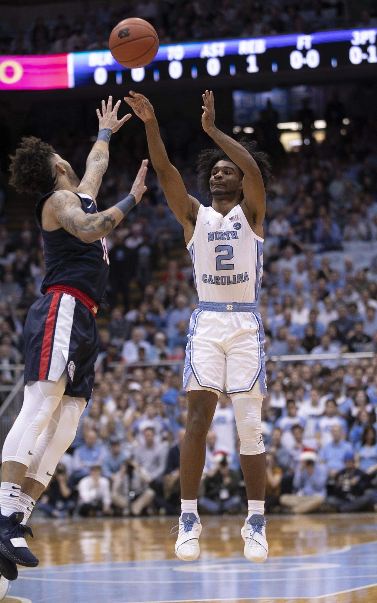North Carolina’s Coby White (2) launches a three point shot over Gonzaga’s Josh Perkins (13) during the first half on Saturday, December 15, 2018 at the Smith Center in Chapel Hill, N.C. White scored 15 points in the Tar Heels win over Gonzaga.