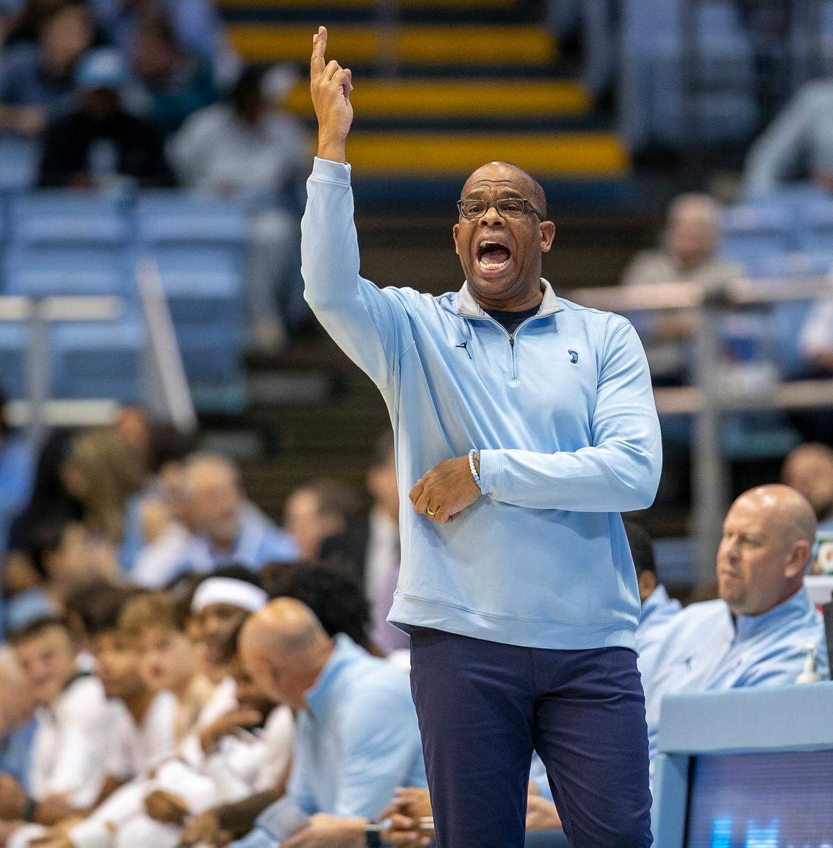 North Carolina coach Hubert Davis directs his players on offensive during the first half against Johnson C. Smith in an exhibition game on Friday, October 28, 2022 at the Smith Center in Chapel Hill, N.C.