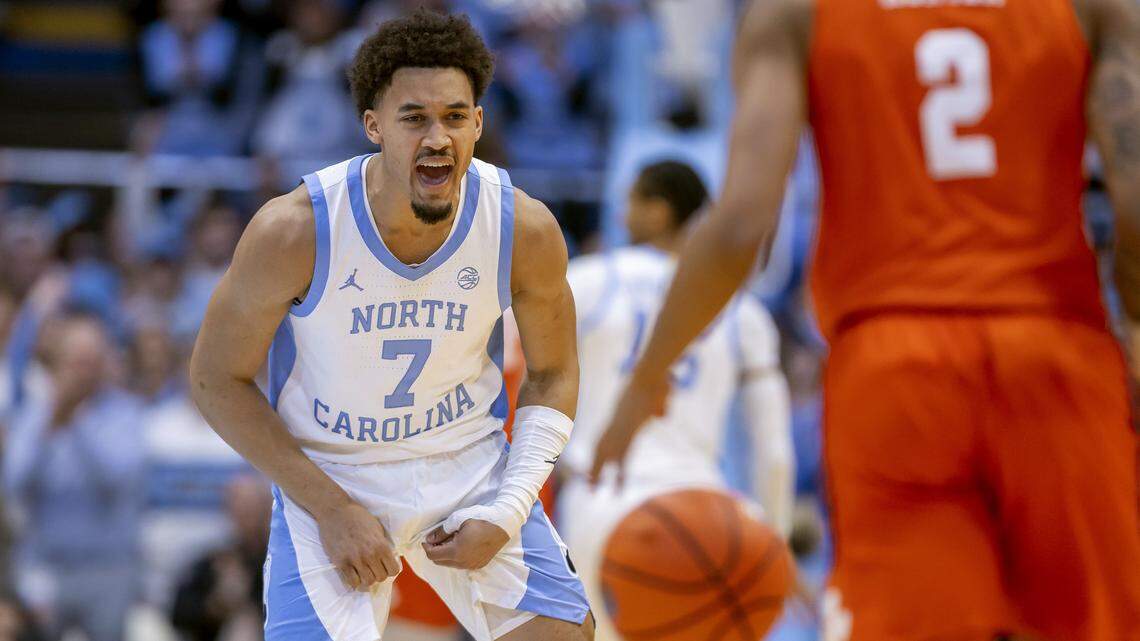 North Carolina guard Seth Trimble (7) reacts after connecting for a three-point basket to open the game against Clemson on Tuesday, March 3, 2026 at the Smith Center in Chapel Hill, N.C.