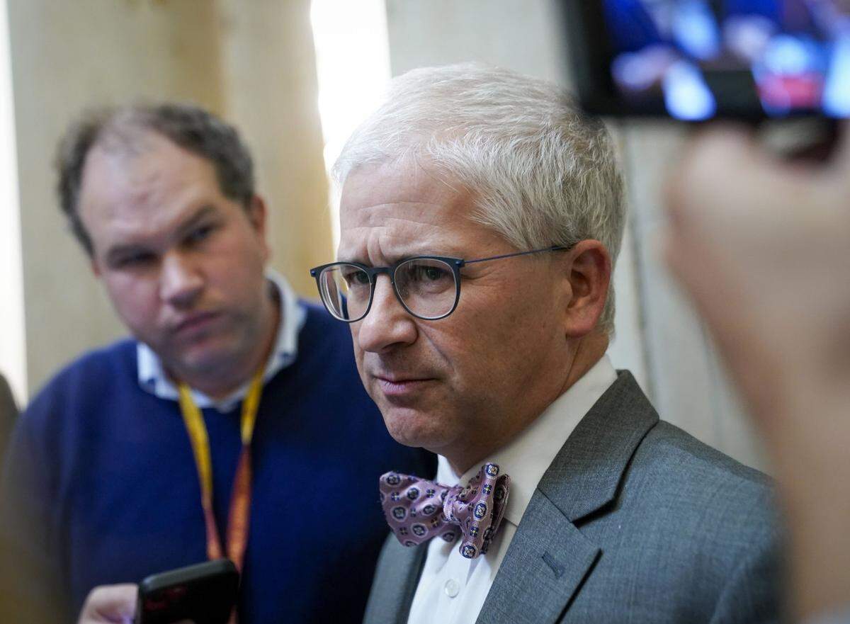 Oct 3, 2023; Washington, D.C., USA ; Rep. Patrick McHenry (R-N.C.) was designated as speaker pro-tempore after Speaker of the House Kevin McCarthy was voted out of the leadership chair at the United States Capitol on Tuesday, Oct, 3, 2023. Mandatory Credit: Jack Gruber-USA TODAY