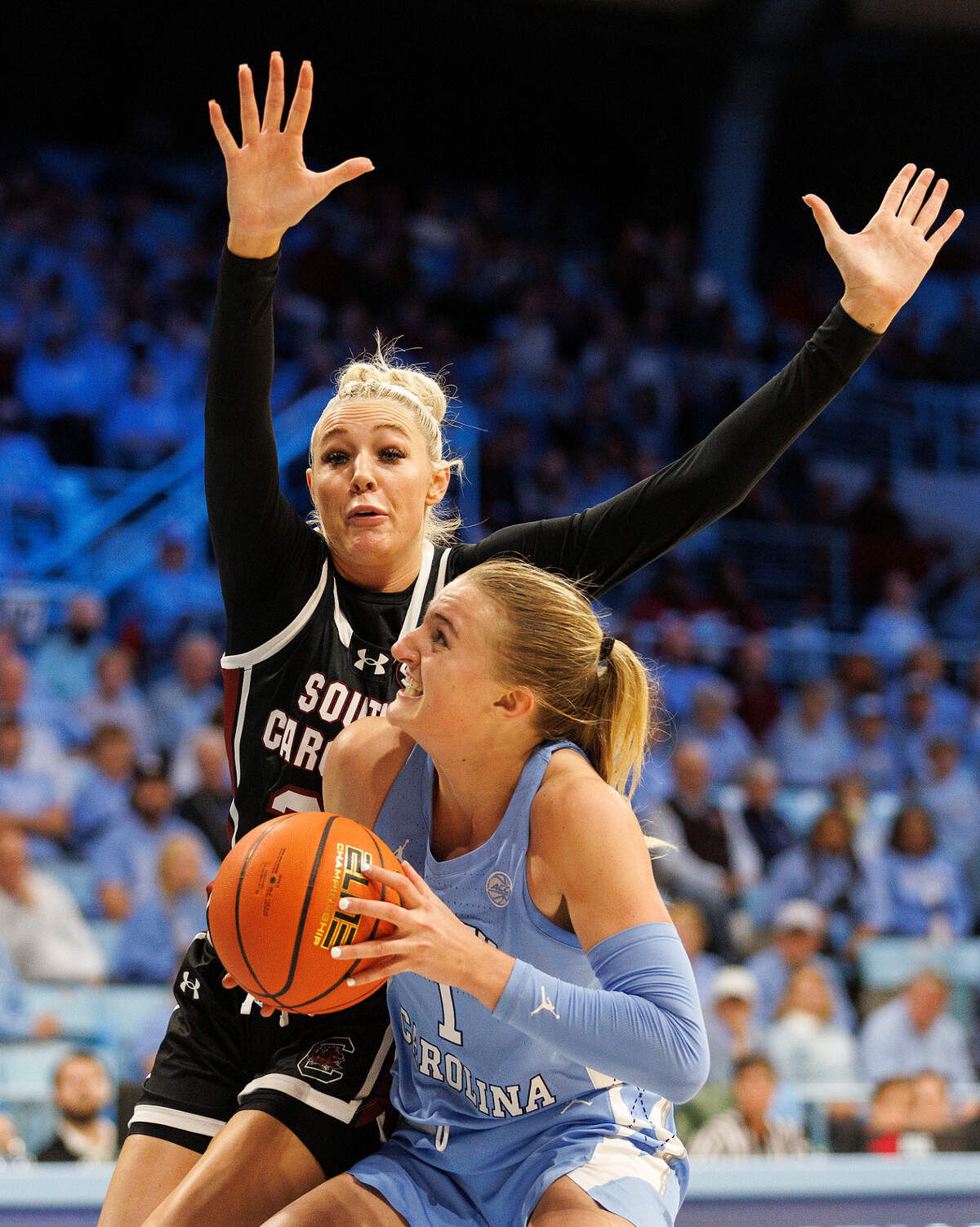 North Carolina’s Alyssa Ustby looks to shoot around South Carolina’s Chloe Kitts during the first half of the Tar Heels’ game on Thursday, Nov. 30, 2023, at Carmichael Arena in Chapel Hill, N.C.