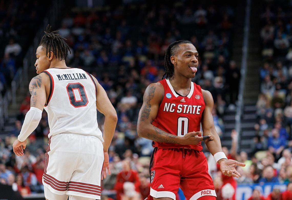 N.C. State’s DJ Horne reacts after a made basket during the first half of the Wolfpack’s 80-67 win in the first round of the NCAA Tournament on Thursday, March 21, 2024, at PPG Paints Arena in Pittsburgh, Pa.