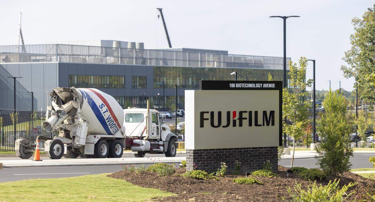 The entrance to Fujifilm’s $3.2 billion bio-pharmaceutical manufacturing facility on Biotechnology Avenue in Holly Springs, N.C. on Wednesday, September, 24, 2025.