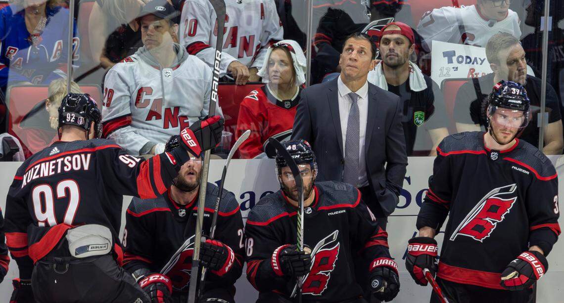 Carolina Hurricanes coach Rod Brind’Amour checks a replay during the second period against the New York Rangers in Game 3 during the second round of the 2024 Stanley Cup playoffs on Thursday, May 9, 2024 at PNC Arena, in Raleigh N.C.